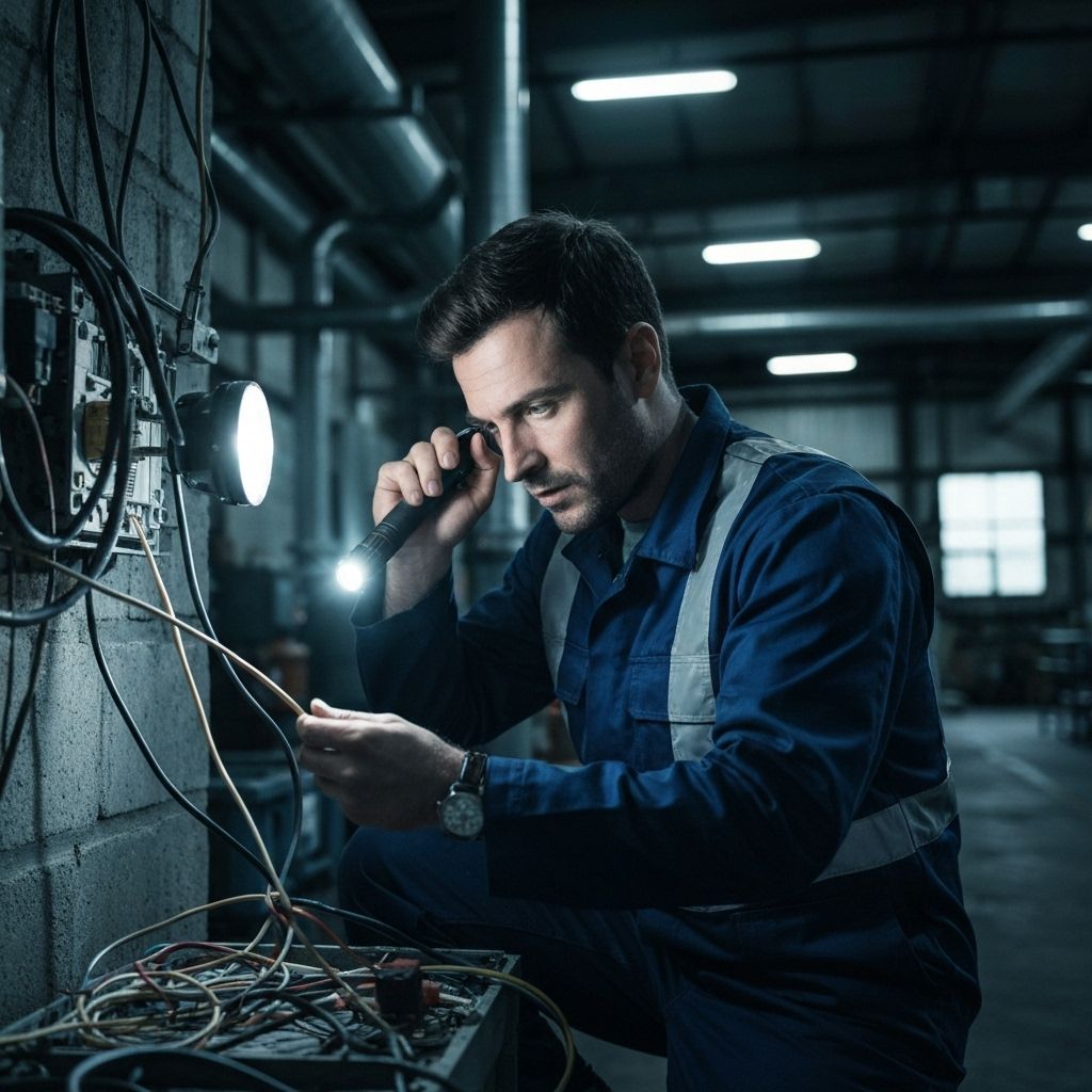 Elettricista al lavoro per emergenza notturna